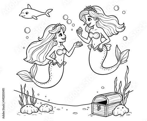 Mermaid Friends with Dolphins Underwater Adventure Coloring Page