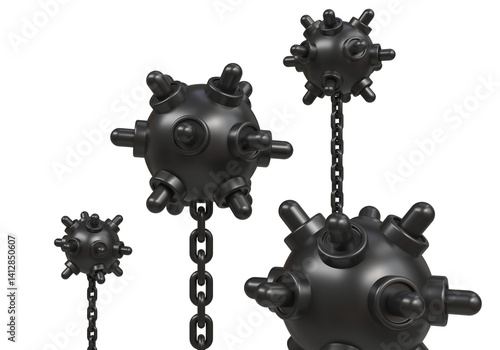 Several naval deep-sea anti-ship mines on chains are surfacing from the ocean floor. Military tactical exercises. 3d cartoon-style illustration