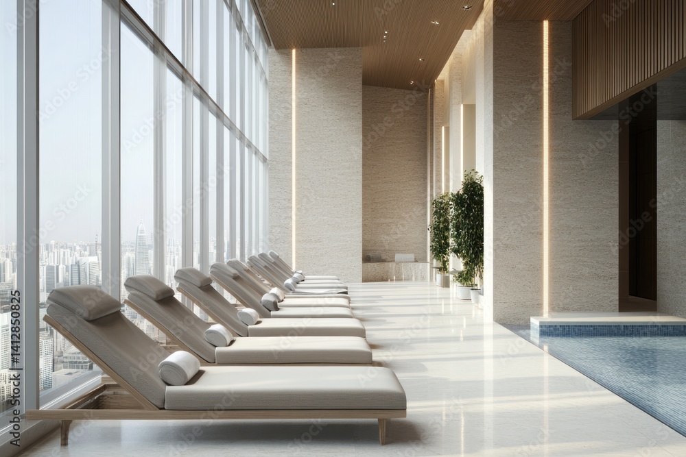Indoor pool area with lounge chairs and large windows overlooking a cityscape. Indoor pool area with lounge chairs and large windows overlooking a cityscape.