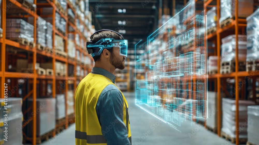 Male Warehouse Worker Using Virtual Reality Headset Male Warehouse Worker Using Virtual Reality Headset