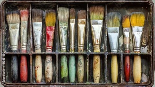 Collection of used paintbrushes in a vintage wooden box, artist supplies