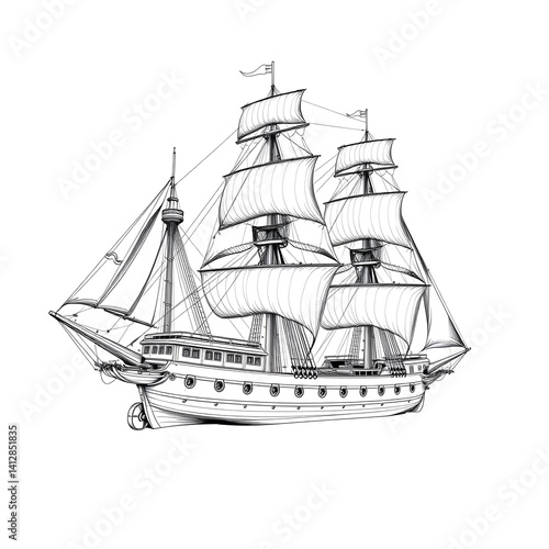 Wallpaper Mural Vintage Sailing Ship Line Art Illustration – Historic Tall Ship Drawing Torontodigital.ca