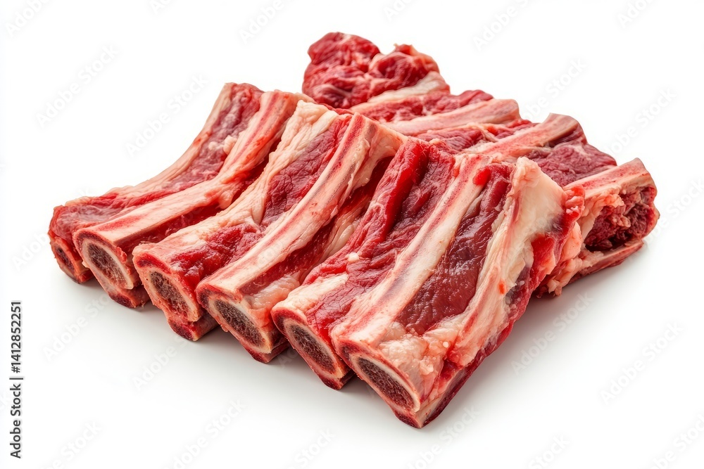Angled view of raw beef ribs with bone exposed and rich red color isolated on white background color, photorealistic accuracy, good composition, high resolution Angled view of raw beef ribs with bone exposed and rich red color isolated on white background color, photorealistic accuracy, good composition, high resolution