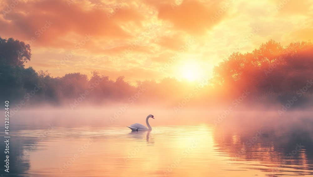 Swan swims on misty lake at sunrise with trees in background. Swan swims on misty lake at sunrise with trees in background.