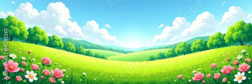 Wallpaper Mural Vector illustration of a serene natural spring landscape with green meadows, blooming flowers, and a clear blue sky, scenery, landscape Torontodigital.ca