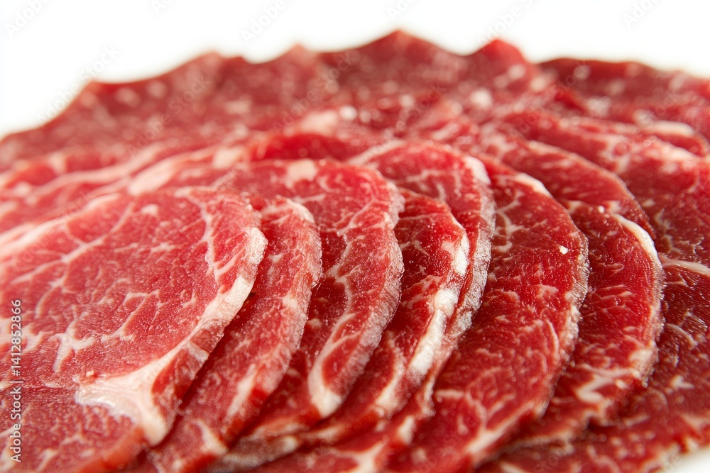 Close-up view of thinly sliced beef carpaccio with marbled fat patterns isolated on white background color, photorealistic accuracy, good composition, high resolution Close-up view of thinly sliced beef carpaccio with marbled fat patterns isolated on white background color, photorealistic accuracy, good composition, high resolution