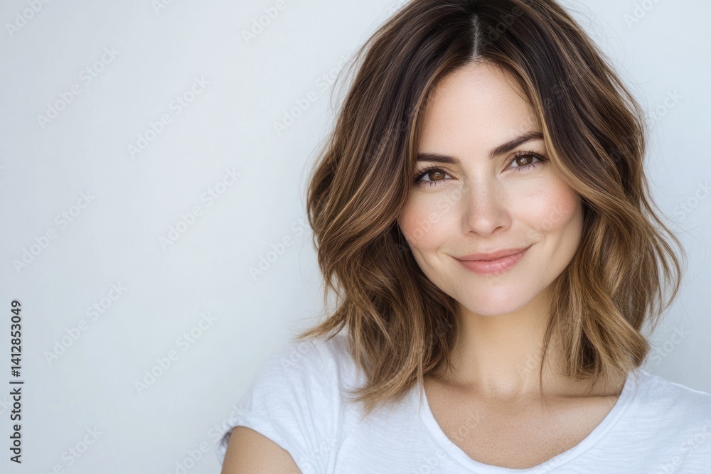Woman with shoulder-length wavy hair smiling against a white background. Woman with shoulder-length wavy hair smiling against a white background.