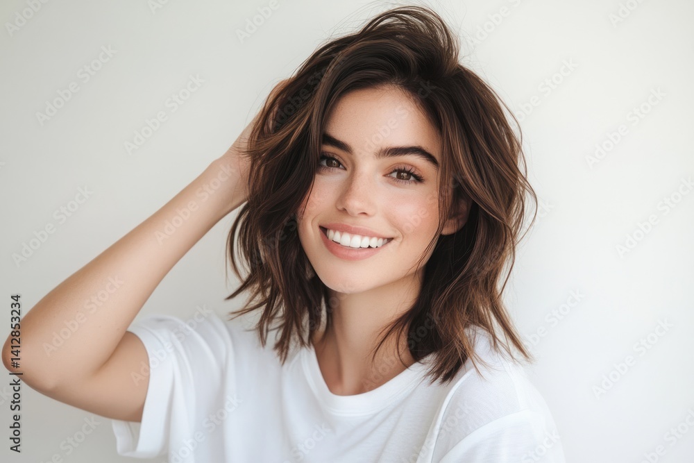 Smiling woman with brown hair wearing a white t-shirt against a white background. Smiling woman with brown hair wearing a white t-shirt against a white background.