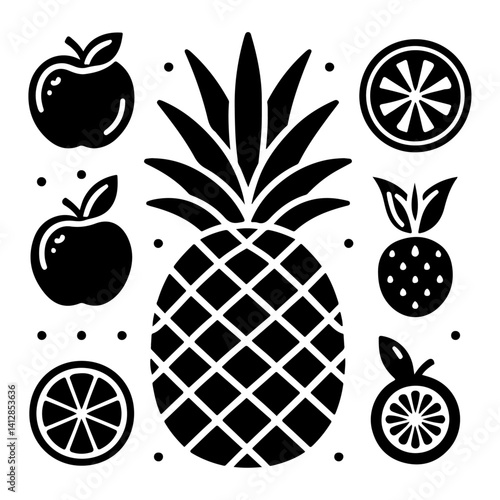 Fruit-icons,-black-and-white-illustration,-pineapple-centerpiece,-apples,-oranges,-stylized-design,-minimalist,-graphic-art