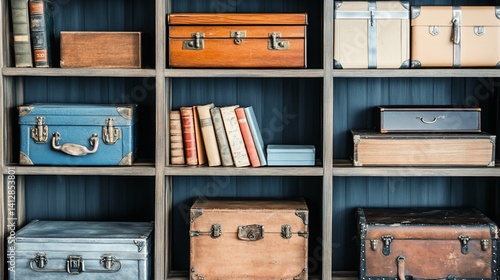 Eclectic vintage trunks and books on a wooden shelf, creating a nostalgic ambiance