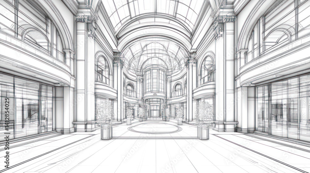 Naklejka premium Architectural drawing of a grand interior hall