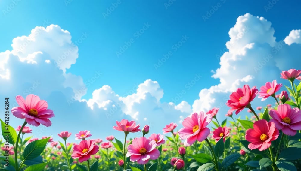 Vibrant blue sky with fluffy clouds, blooming flowers in foreground, nature, clouds Vibrant blue sky with fluffy clouds, blooming flowers in foreground, nature, clouds