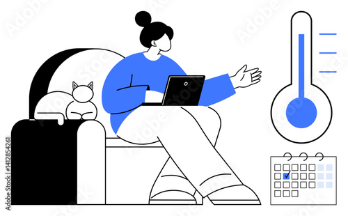 Woman sitting on couch with laptop, gesturing towards thermometer and calendar. Cat resting nearby. Ideal for health, technology, home, scheduling, remote work comfort energy efficiency. Flat
