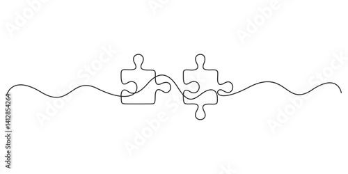Two connected puzzles line art jigsaw pieces continuous one line drawing. Puzzles icon single line art. Vector illustration