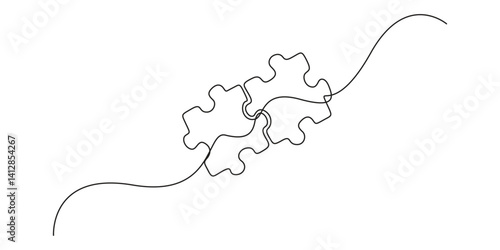 Two connected puzzles line art jigsaw pieces continuous one line drawing. Puzzles icon single line art. Vector illustration