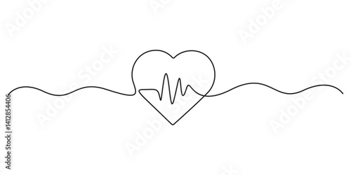 Continuous one line drawing of heartbeat or pulse. Single line cardiogram icon. Vector illustration