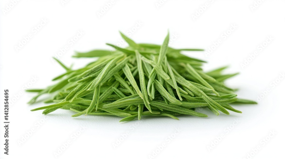 Fresh green tea leaves arranged in a pile on a white background, ideal for culinary uses Fresh green tea leaves arranged in a pile on a white background, ideal for culinary uses