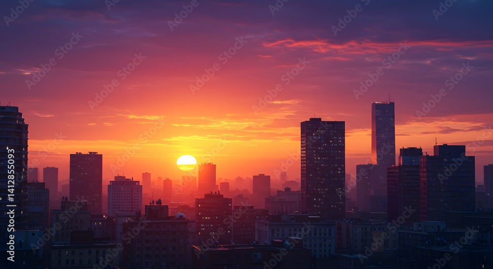 Fototapeta premium City Skyline at Sunset with Fiery Orange Sky and Buildings