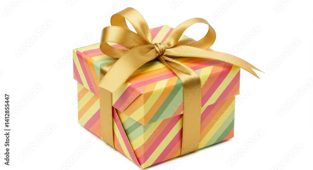 Fototapeta premium Square gift box wrapped in striped paper featuring diagonal bands of pink, orange, yellow, and green