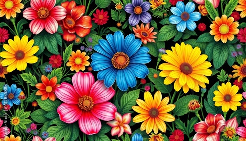 Fototapeta Naklejka Na Ścianę i Meble -  Vibrant retro floral seamless pattern featuring large summer meadow flowers and lush foliage, vintage, background
