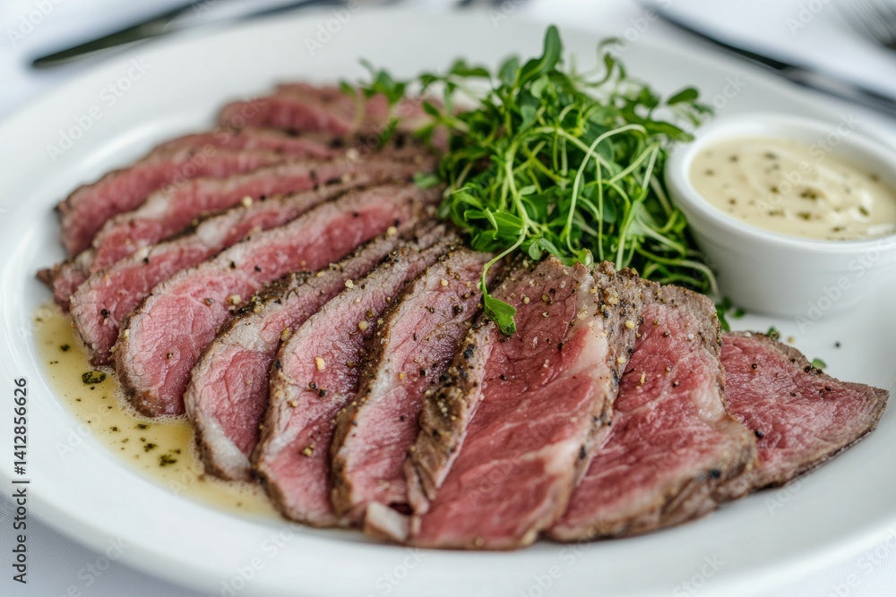 Close-up of thinly sliced roast beef with pink center, arranged on a white plate with horseradish sauce clean and professional composition, copy space, natural color, minimalism, stock photography Close-up of thinly sliced roast beef with pink center, arranged on a white plate with horseradish sauce clean and professional composition, copy space, natural color, minimalism, stock photography