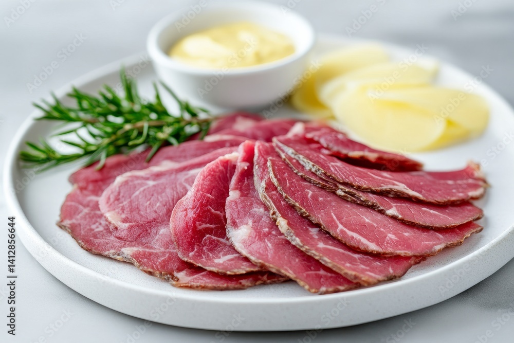 Close-up of thinly sliced roast beef with pink center, arranged on a white plate with horseradish sauce clean and professional composition, copy space, natural color, minimalism, stock photography