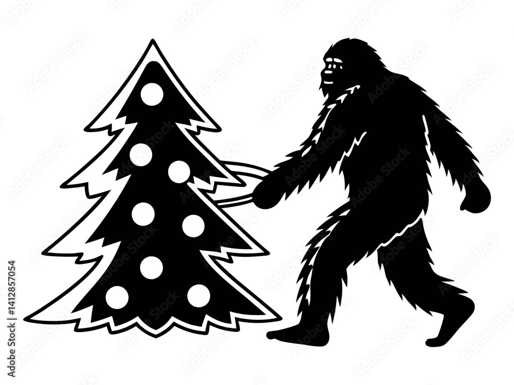 Obraz premium Bigfoot Silhouette Dragging Christmas Tree Vector Illustration
