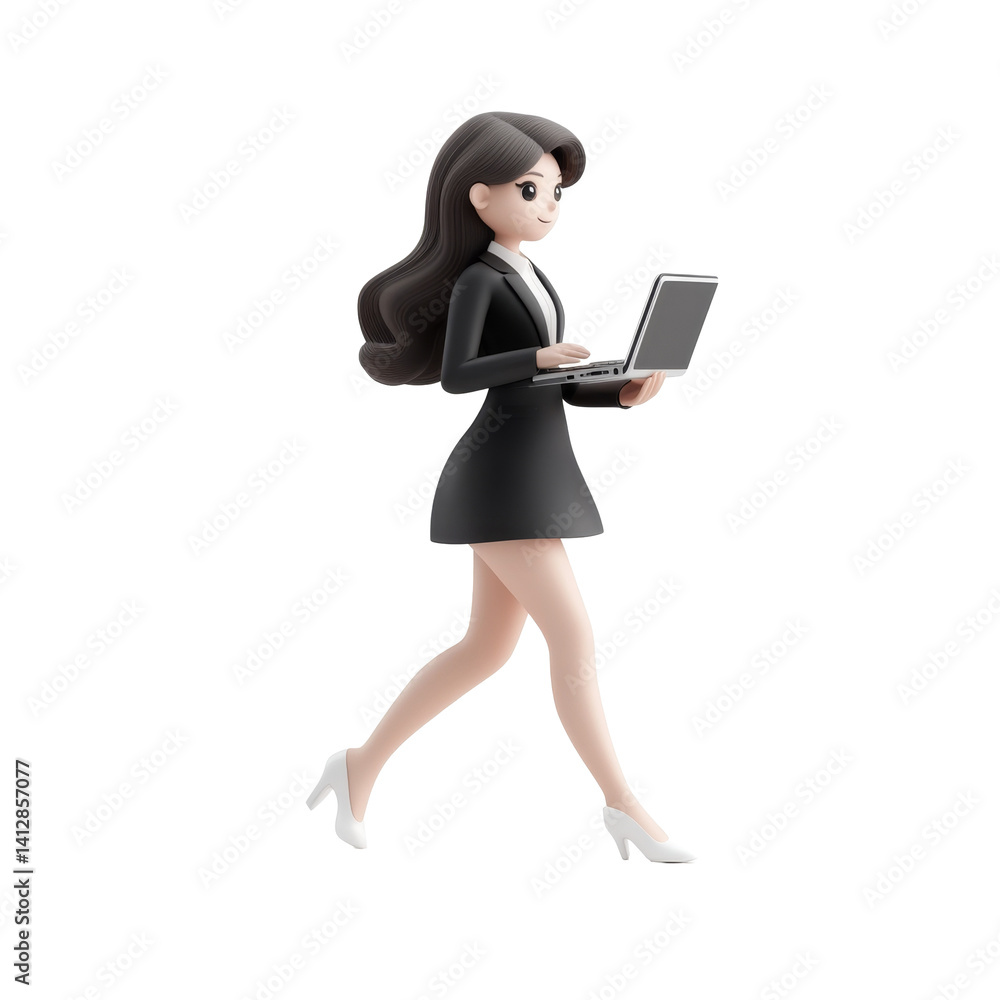 Stylish woman figurine holding laptop in black suit and white shoes walking confidently Stylish woman figurine holding laptop in black suit and white shoes walking confidently