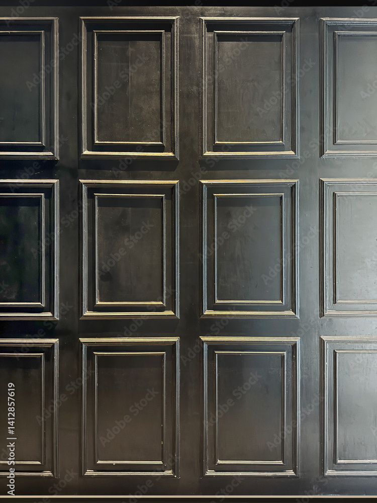 Classic wall molding in rectangular pattern and repeated, finished in dark black color paint. Good for wainscoting and wall panels. Seamless background texture. Classic wall molding in rectangular pattern and repeated, finished in dark black color paint. Good for wainscoting and wall panels. Seamless background texture.