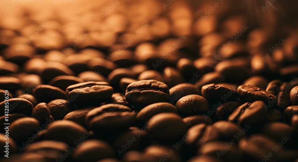 Fototapeta premium A warm, close-up shot of roasted coffee beans spread out, glowing under golden light, emphasizing their rich texture and inviting aroma.