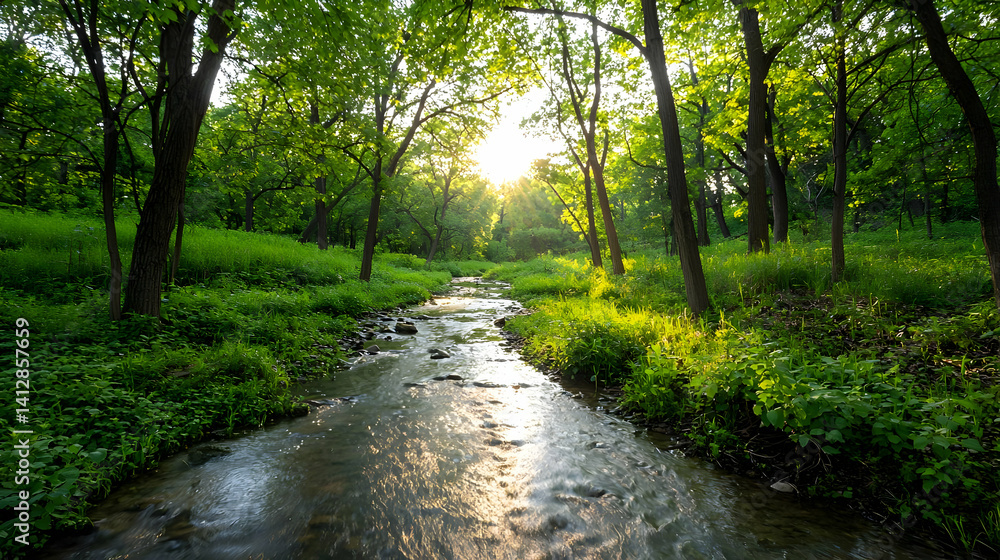 Sunlight Streaming Through Forest Over Creek Sunlight Streaming Through Forest Over Creek