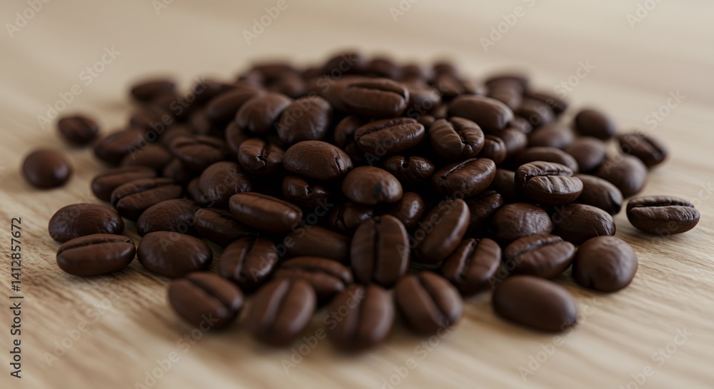 Obraz premium A pile of roasted coffee beans is arranged neatly on a neutral beige background, showcasing their rich, dark color and smooth texture.