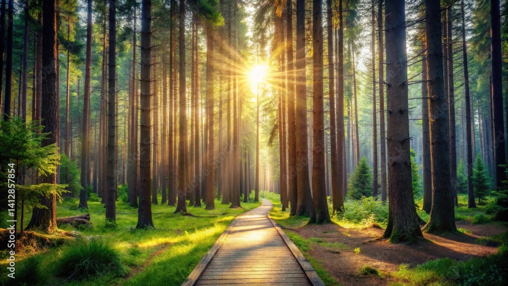Sunlit Path Through a Lush Coniferous Forest at Dawn Sunlit Path Through a Lush Coniferous Forest at Dawn