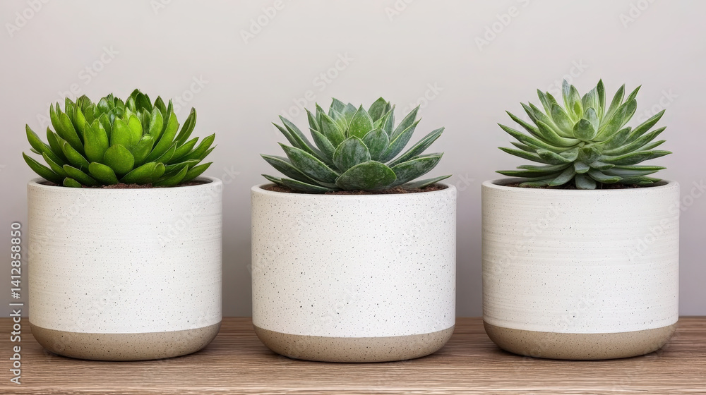 Lush green succulents in modern ceramic pots arranged on wooden surface, creating serene and minimalist atmosphere Lush green succulents in modern ceramic pots arranged on wooden surface, creating serene and minimalist atmosphere