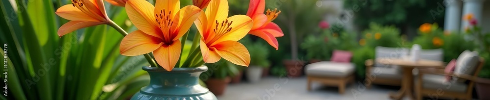 Obraz premium Close-up of exotic flowers in traditional ceramic vase on patio, ceramic vase, riad