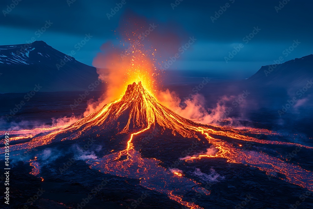 Erupting Volcano With Flowing Lava At Night In A Dramatic Landscape Erupting Volcano With Flowing Lava At Night In A Dramatic Landscape