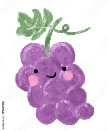 Cute bunch of kawaii purple grapes fruits crayon watercolour kids doodle hand drawn illustrations design character clipart cutout nursery baby healthy diet organic