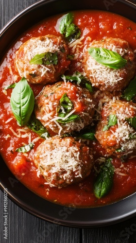 Top view of beef meatballs in marinara sauce, topped with grated parmesan cheese and fresh basil clean and professional composition, copy space, natural color, minimalism, stock photography
