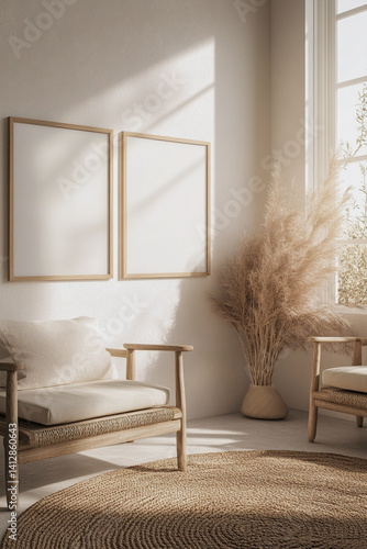 Bright poster mockup with shadows and indoor plants near a black and wood desk — great for botanical prints, art sellers, or calming workspace branding.

