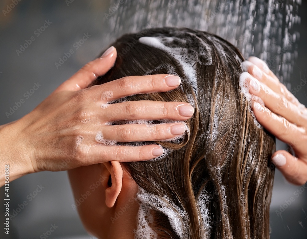 Naklejka premium Mycie włosów szamponem pod prysznicem – codzienna pielęgnacja