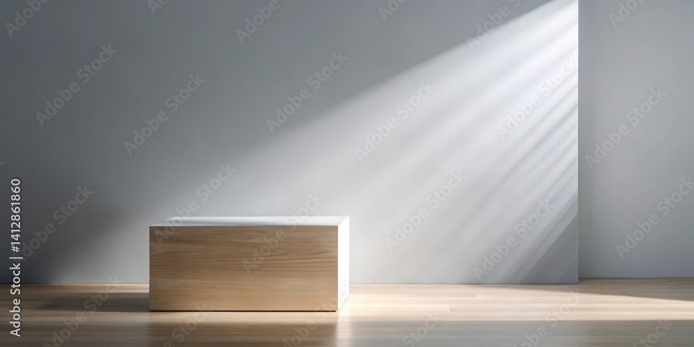 Obraz premium Light-filled minimalist room with a simple wooden display platform
