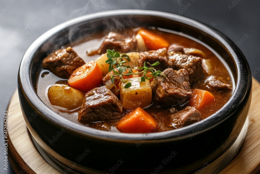 Angled view of a steaming bowl of beef stew with tender chunks of beef, carrots, and potatoes in a rich brown sauce clean and professional composition