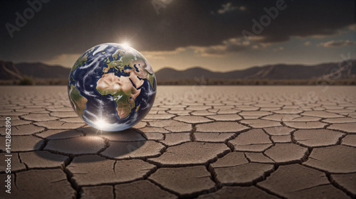 Earth Globe on Cracked Dry Land: Climate Change Concept