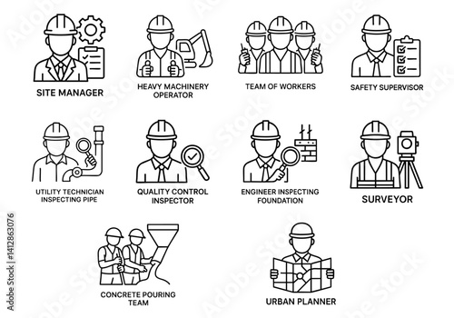 Construction infrastructure highway blueprint concept. Construction professionals in various roles and tasks illustrated in icons.