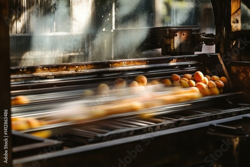 Fresh Peaches Moving on Conveyor Belt in Industrial Processing Facility