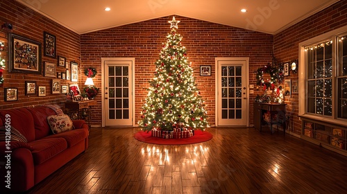 Cozy Christmas Living Room with Decorated Tree