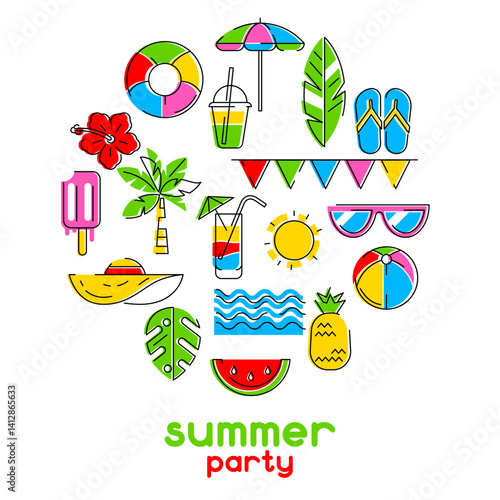 Background with summer items. Stylized beach objects.