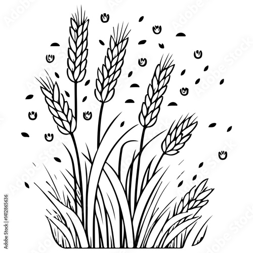 Black Outline Wheat Vector Graphic in White Space