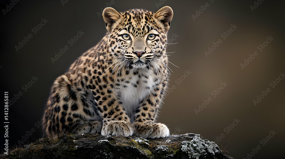 Naklejka premium Young Leopard Cub Sitting On Rock