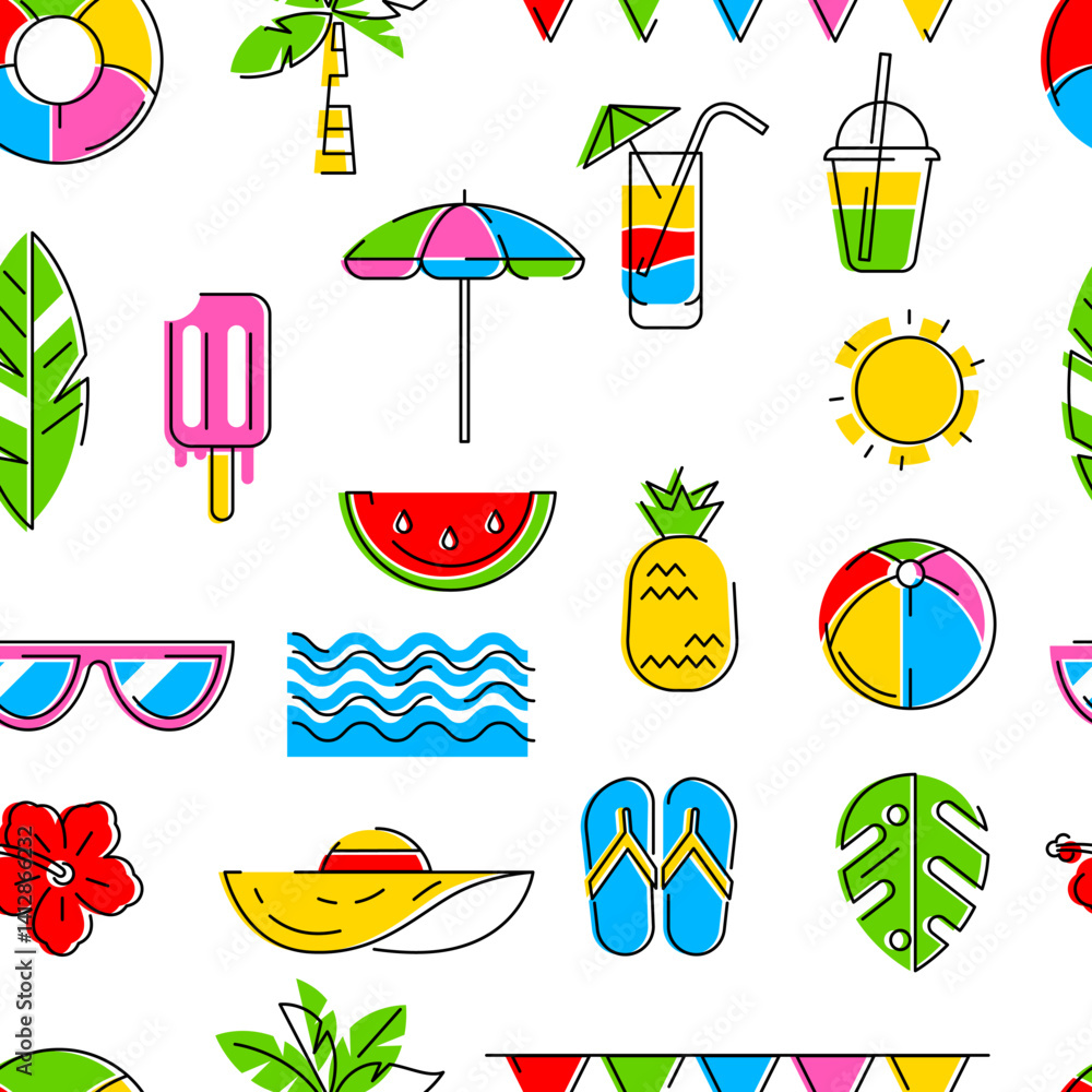Pattern with summer items. Stylized beach objects.